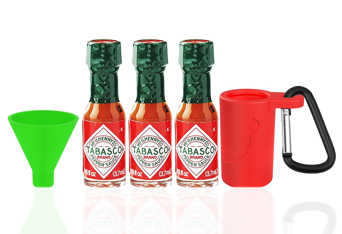 Mini Tabasco Hot Sauce Keychain - Includes 3 Mini Hot Sauce Bottles (.35oz) With Travel Hot Sauce Key Chain and Refillable Funnel - Red Tabasco Hot Sauce, Green Sauce and Chipotle - Tabasco To Go - Hot Sauce Gift Sets